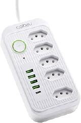 EXTENSÃO TOMADA, RÉGUA DE ENERGIA, 5 TOMADAS, 4 INTERFACES USB, 1 PORTA USB TIPO-C,