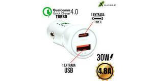 CARREGADOR VEICULAR TURBO QUALCOMM QUICK CHARGE -4.8A ( 30W ) C/1 USB + 1 USB-C XC-V13USB